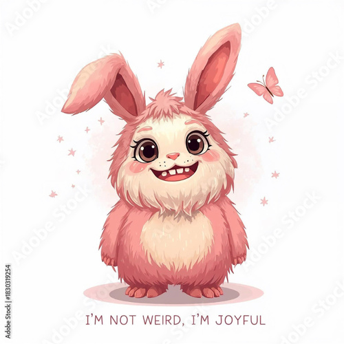 Joyful Bunny: A cute, smiling pink bunny with big eyes and a fluffy coat, expressing pure joy alongside a fluttering butterfly, conveying a message of positivity and happiness.