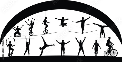Circus performer silhouette, acrobat pose, juggling act, unicycle rider, trapeze artist, flat vector, black icon, balance skill, showtime motion, fantasy scene