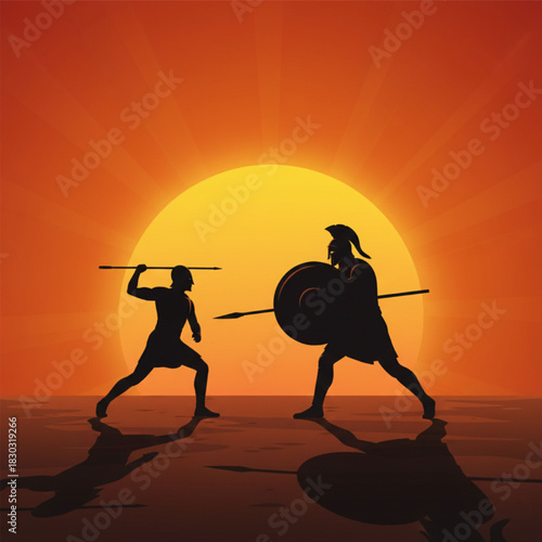 Epic Clash: A silhouette depicts two warriors locked in a dramatic confrontation against a setting sun, evoking a sense of ancient battles and timeless struggle. 