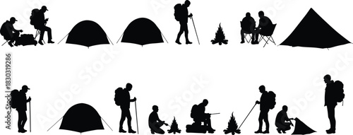Camping silhouette, hiking activity, outdoor adventure, tent setup, campfire scene, backpack gear, flat vector, black icon, nature lifestyle, wilderness pose
