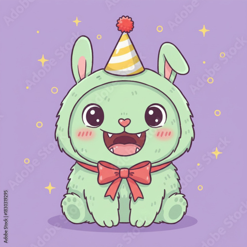 Joyful Bunny's Birthday Celebration: A charming cartoon bunny, clad in a festive birthday hat and outfit, radiates pure joy with a wide, toothy smile, against a whimsical backdrop of stars.