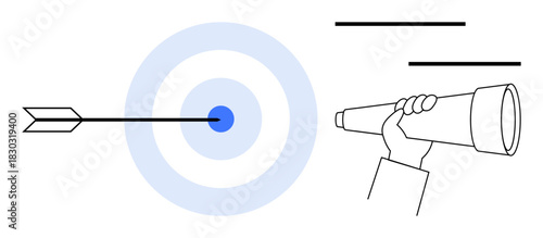 Arrow hitting the center of a target alongside a hand holding a telescope for focus. Ideal for strategy, success, vision, precision, leadership, planning, motivation. Simple flat metaphor