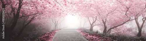Pathway lined with blooming pink flowering trees disappearing into a dense white mist