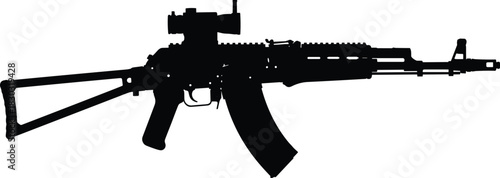 Assault rifle silhouette, tactical weapon icon, firearm shape design, military gear asset, black gun outline illustration, flat vector