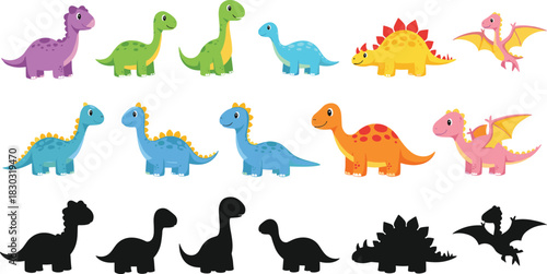 Cartoon dinosaur set, colorful and silhouette styles, kids learning icons, prehistoric animal collection, educational design asset, flat vector
