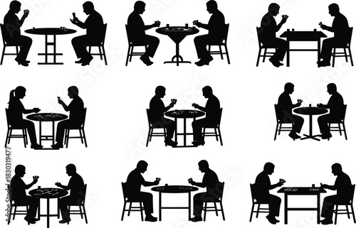 Chess player silhouettes, strategic game poses, table interaction icons, concentration scenes, competitive mind sport asset, black design set, flat vector