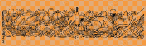 Festive thanksgiving feast illustration featuring turkey pumpkin pie corn and wine on orange background