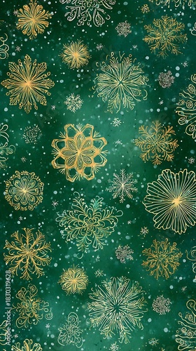 Intricate golden snowflake illustrations pattern on a deep green background suggest a festive winter scene