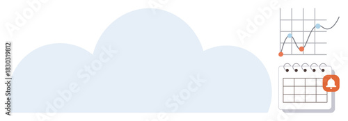 Light blue cloud alongside a rising graph and calendar with notification. Ideal for data storage, planning, analytics, scheduling, productivity, reminders, and digital accessibility. Simple flat