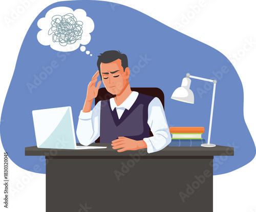 Unhappy Puzzled Man Thinking at Work Vector Illustration. stressed depressed overworked employee sitting at his desk 
