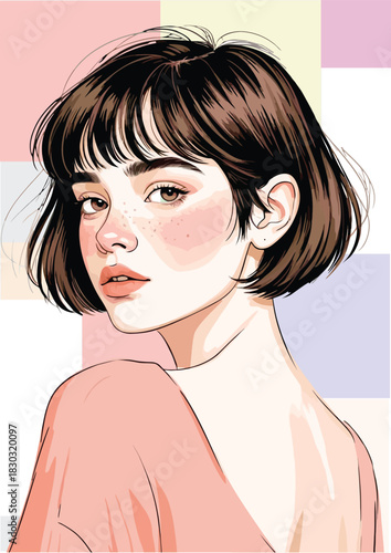 053-50-Portrait of a young woman with brown bob hair and freckles looking back