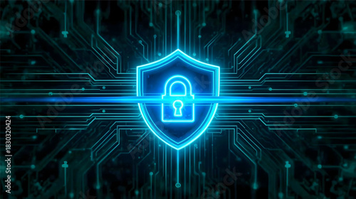Digital Shield of Security: A neon blue shield emblem with a padlock at its center, glows against a backdrop of intricate circuit patterns.