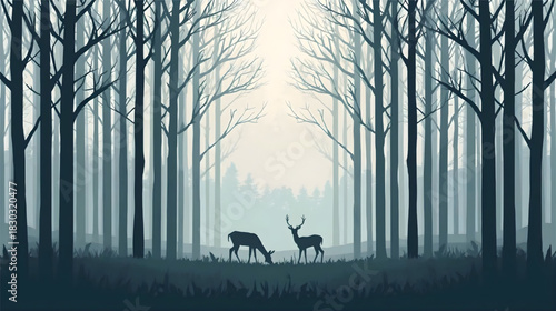 Enigmatic Forest Embrace: Two deer stand gracefully amidst a forest, their silhouettes merging with the hushed tones of the woods. A captivating portrayal of nature's serenity.
