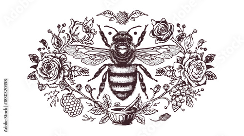 Intricate Honeybee Illustration: An ornate illustration of a honeybee, intricately framed by blossoming flowers, berries, and foliage, exudes a sense of natural artistry.
