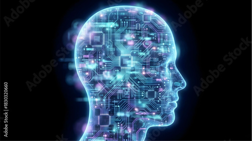 Digital Brain: A mesmerizing view of a human head is constructed with circuit board lines, symbolizing artificial intelligence and futuristic innovation.