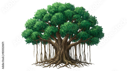 Majestic Banyan Tree: A captivating illustration of a majestic banyan tree, showcasing its expansive roots, dense foliage, and unique aerial roots, symbolizing longevity and resilience.