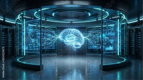 Technological Brain: Inside a cutting-edge futuristic lab, a glowing brain hologram takes center stage. A symphony of digital data streams, pulsating light, and advanced technology converge.