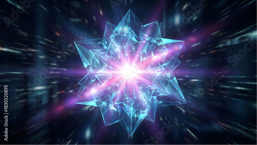 Abstract Geometric Gem: Captivating image of a radiant geometric gem, emanating a mesmerizing glow. Showcasing intricate details and vibrant color.