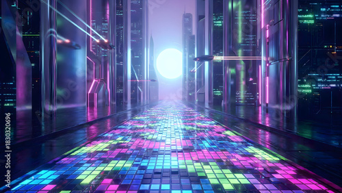 Neon Cityscape: A mesmerizing cityscape, illuminated by neon lights. The futuristic city with buildings and dynamic lines and reflecting light creating an immersive atmosphere.