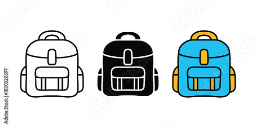 Backpack Vector Set. Outline, Silhouette, and Colored Icons. School Backpack Icon Pack