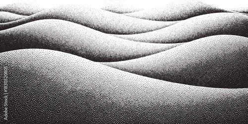 Abstract black and white landscape with undulating wavy forms.