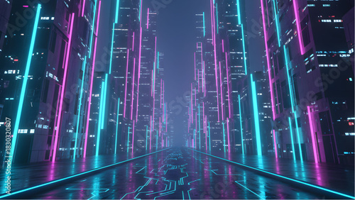 Neon Cityscape: A mesmerizing cityscape glows with vibrant neon lights. The futuristic city with vertical lines gives an inspiring perspective and a sense of progress.
