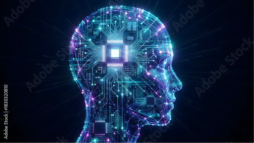 Cybernetic Mind: A digital representation of a human head, intricately wired with circuits and glowing with technological advancement.