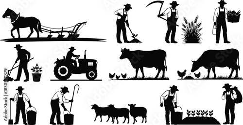 Farming silhouette set, traditional agriculture scenes, farmer and animal icons, rural life illustration, countryside labor poses, flat vector