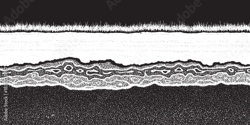 Abstract black and white layered texture with noise and wavy patterns.