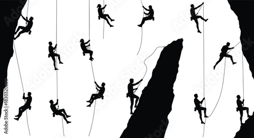 Rock climber silhouette, rappelling pose, climbing gear, mountain sport, vertical action, outdoor adventure, flat vector, black icon, rope technique, cliff ascent