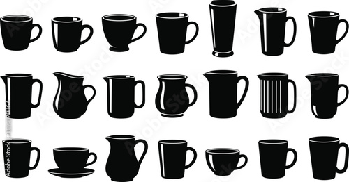 Cup silhouette, mug icon, pitcher vector, glassware set, drinkware shapes, kitchen tools, beverage containers, flat vector, black icons, isolated design