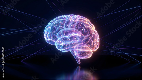 Illuminated Brain: A luminous representation of the human brain, depicted with intricate detail, glowing with radiant colors amidst a network of energy. 