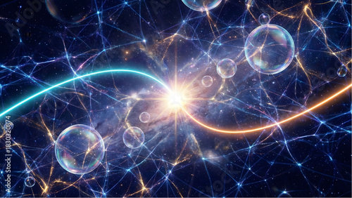 Cosmic Symphony: A mesmerizing display of cosmic bubbles floating amidst a vast network of glowing filaments and radiant energy, capturing the awe-inspiring beauty of the universe.