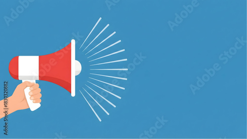 Announce Loudly: A hand firmly grips a megaphone, ready to deliver a powerful message, set against a vibrant blue backdrop