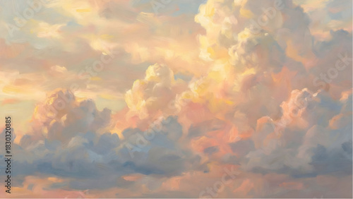 Celestial Hues: Witness the ethereal beauty of a dreamy sky filled with soft, textured clouds painted in delicate shades of peach, lavender, and gold, reflecting the magic of nature's canvas.