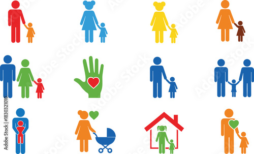 Family care icons, diverse relationships, parenting symbols, love and support visuals, caregiving design asset, inclusive household elements, flat vector