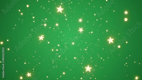 Sparkling Golden Stars and Glitter Particles on a Vibrant Green Background, Festive Holiday Season Overlay.
