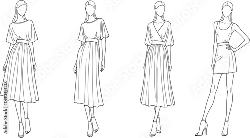 Fashion sketch silhouettes, female dress designs, garment illustration set, stylish outfit poses, flat vector, black outline, clothing concept art