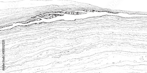 Geological layers and formations in a cross section view.