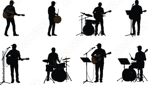 Musician silhouettes, band performance icons, guitar player vector, drummer illustration, singer with mic, flat vector, black outline, stage art
