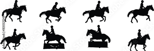 Horse jumping silhouettes, equestrian vector set, rider over obstacle, show jumping illustration, sports motion graphic, flat vector, black outline