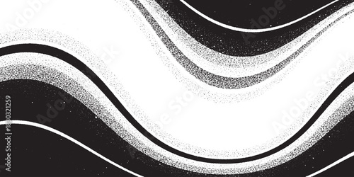 Monochrome abstract background with flowing wavy lines and grainy texture.