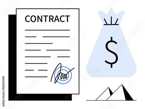 Contract paper with signature, money bag, and geometric elements representing agreement, investment, business transaction, legal deal, partnership. Ideal for finance, law contracts negotiations