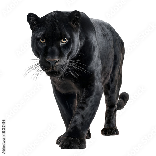  Wild standing black panther isolated on a white or white or transparent background