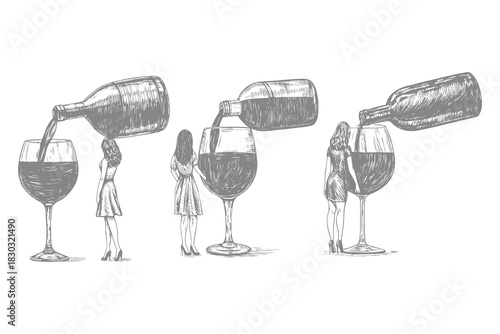 wine bottle and filled wine glass illustration. wine lifestyle scenes sketch set with classic bottle and glass person pouring. Eps 10