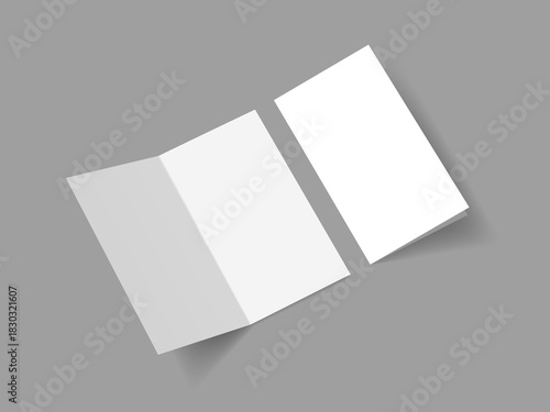 Half fold brochure blank white template for mockup and presentation design. Slim vertical half folded brochure on gray. Euro postcard mockup