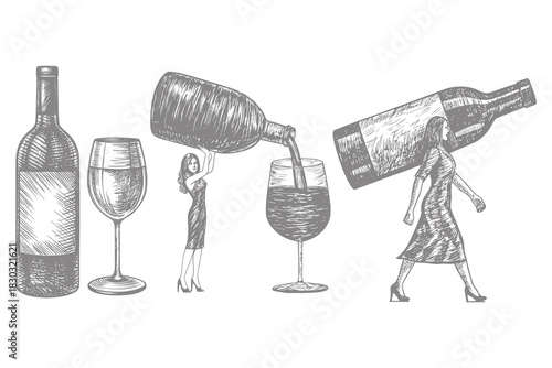 woman holding giant glass isolated wine culture concept vector illustration. woman dressed in retro fashion holds wine bottle and filled wine glass. Eps 10