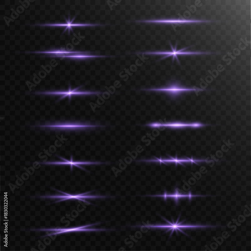 Violet neon light strip radiates smooth glowing waves with soft particle shimmer and elegant flare sparkles. Luminous gradient motion enriches modern design. Vector 