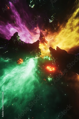 Colorful interstellar clouds illuminate jagged planetary formations within deep space.