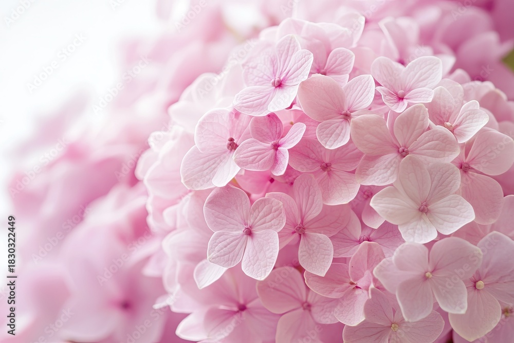 Fototapeta premium A vibrant pink hydrangea bush with delicate white flowers, set against a lush green backdrop of trees and foliage.
